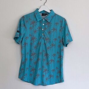 Sunday Swagger Women's Palm Tree Print Golf Polo Shirt Turquoise Gray Size M